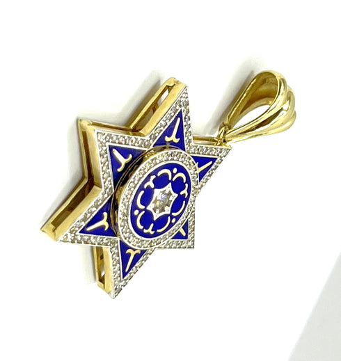 14K Gold & Diamond With Blue Enamel Star of David Necklace